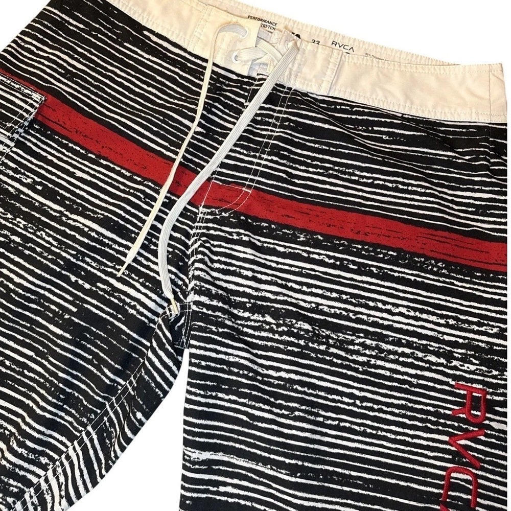 RVCA Board Shorts Mens 33 Black White Red Striped StretchSwimming Surfing Beach